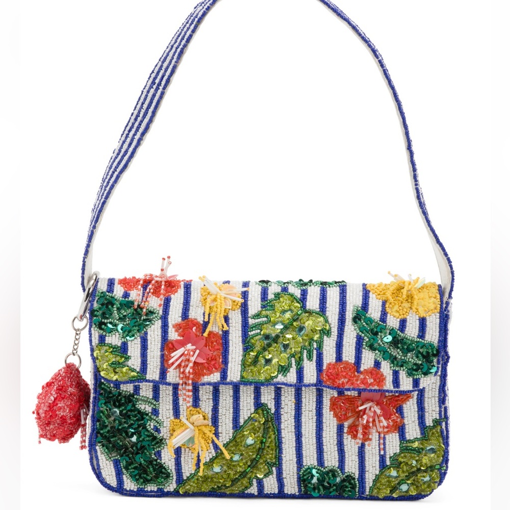 NWT Made in India Hibiscus Floral Flowers Tropical Leaves Striped Beaded Bag